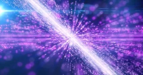 Abstract purple energy hi-tech lines and digital particles fly in a tunnel wi Stock Photos