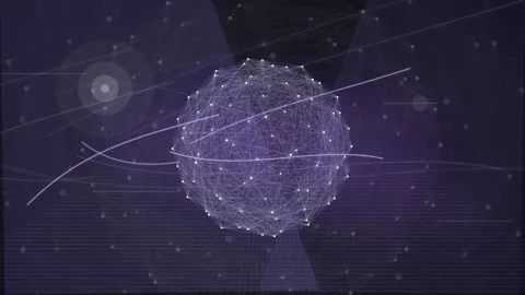 Abstract purple glowing digital sphere with connecting lines and dots in a dark Stock Footage 339316843