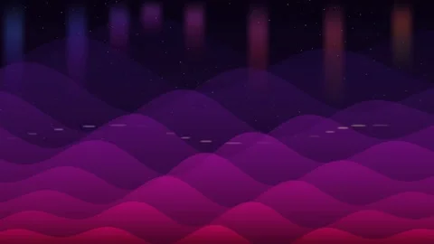 Abstract purple landscape with soft waves and glowing lights at night Stock-Footage 335117518
