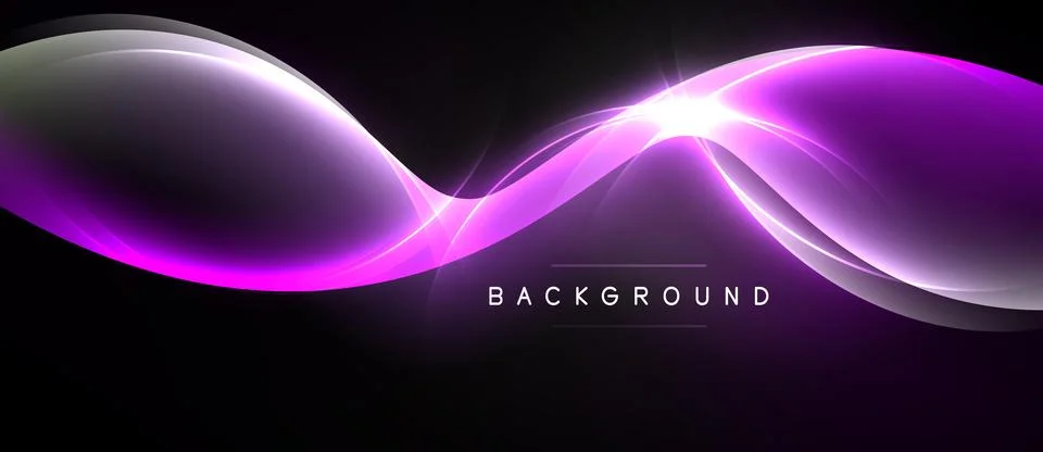 Abstract purple light waves flow across black space. Bright center glow creat Stock Illustration
