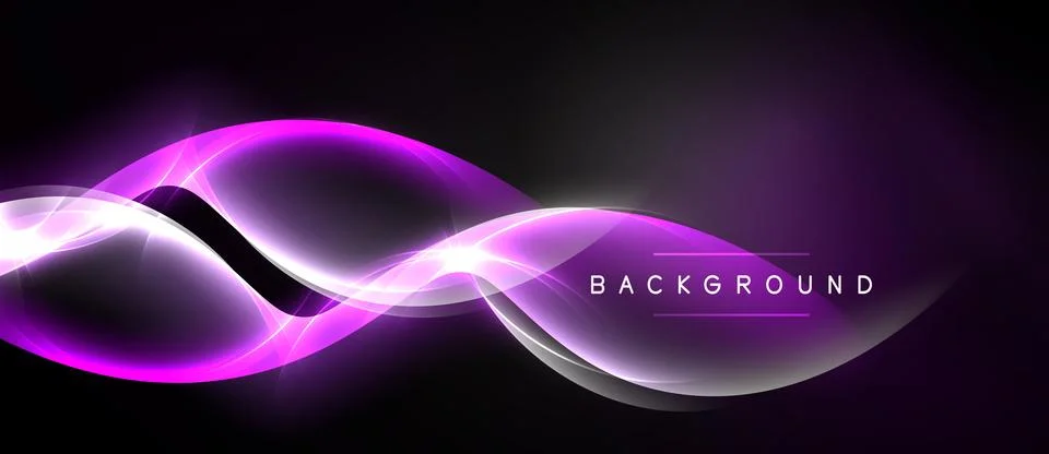 Abstract purple light waves flow across black background. Modern design eleme Stock Illustration