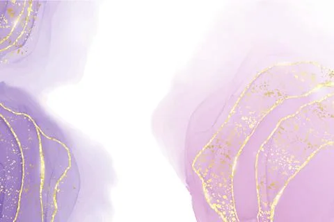Abstract purple liquid watercolor background with golden stain and lines. Violet Stock Illustration