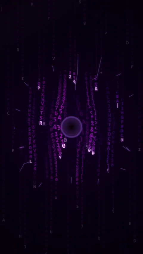 Abstract Purple Matrix Code Digital Rain with Glowing Orb and Data Stream Stock Footage 347074471