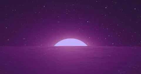 Abstract purple moon over water sea and horizon with reflections background Ilustração Stock