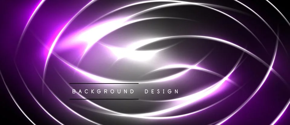 Abstract purple neon lines create dynamic circular patterns. Dark background Stock Illustration