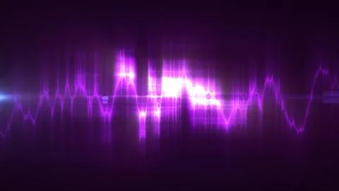 Abstract purple neon waveform with bright central peaks, symbolizing music en Stock Illustration
