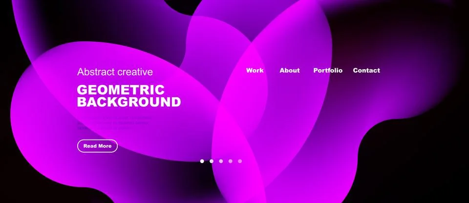 Abstract purple shapes form dynamic background. Text elements include work, Stock Illustration