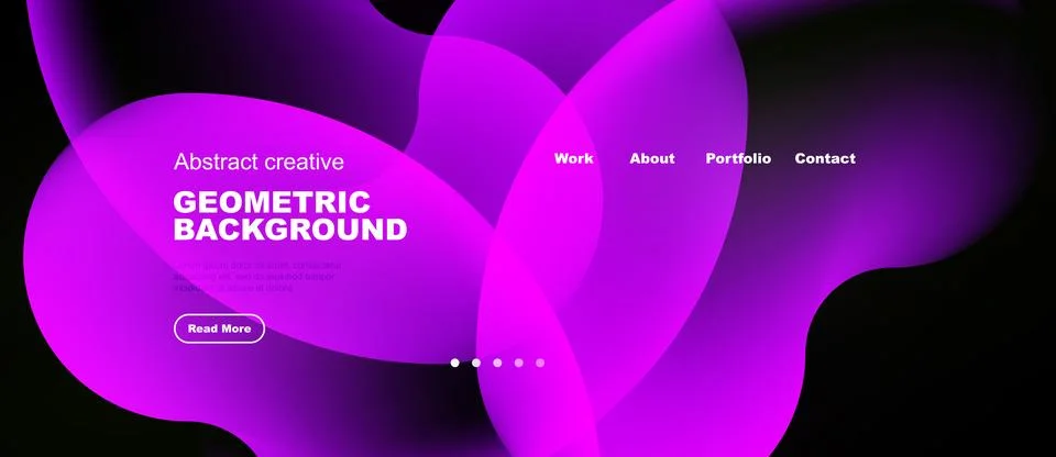 Abstract purple shapes form dynamic background. Website navigation includes.. Stock Illustration