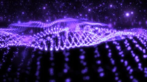 Abstract purple wave lines from particles and dots of energetic magic with .. Stockillustratie