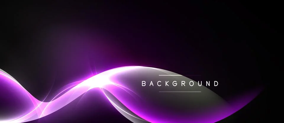 Abstract purple waves flow across dark background. Bright light emanates from Stock Illustration