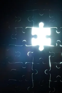 Abstract, puzzle and piece missing in problem solving and solution to challenge Stock Photos