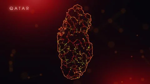 Abstract Qatar Map Digital Network Background With Red And Orange Plexus Dots Stock Illustration