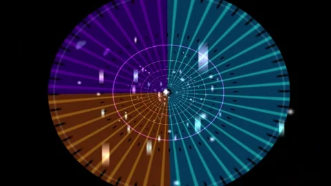 Abstract radar display with pulsating lights and data streams during night .. Видео 347742478