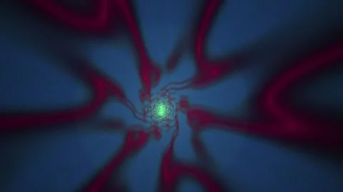 Abstract radial pattern with glowing green center and red lines on blue bac.. Stock Footage 335945130