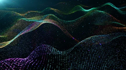 Abstract rainbow color digital particles wave with dust and light motion back Stock Footage 99776189