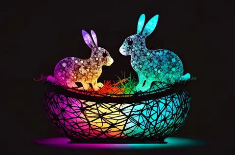Abstract rainbow colored easter bunnies in the basket on the black background Stock Illustration