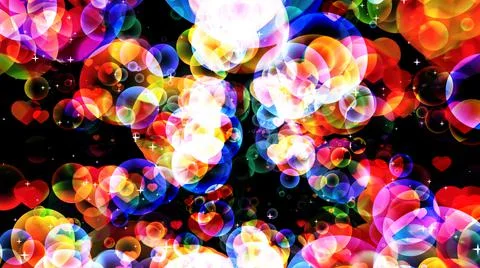 Abstract rainbow dimension bubbles with dancing hearts floating on black scre 库存照片