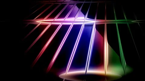 Abstract Rainbow Gradient Reflective Lines Grid on Dark Synthwave Horizon B.. Stock Footage 347028470