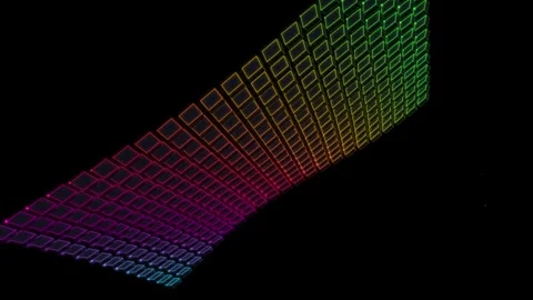 Abstract rainbow grid of glowing squares moving in dark space with retro ne.. Vídeo Stock 344021862