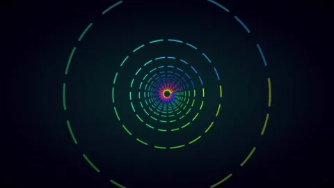 Abstract rainbow neon tunnel of dashed circles on black background Stock Footage 335940813