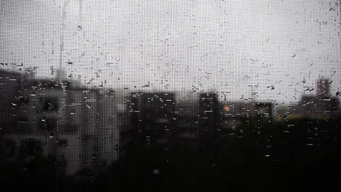 Abstract – Raindrops on Window Screen, Dark Urban Background, HD Stock Footage 202299065