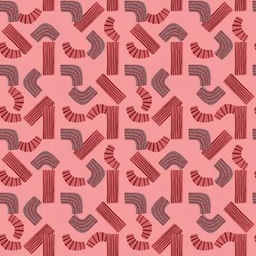 Abstract random figures seamless doodle pattern. Red stripped geometry forms  Illustrazione stock