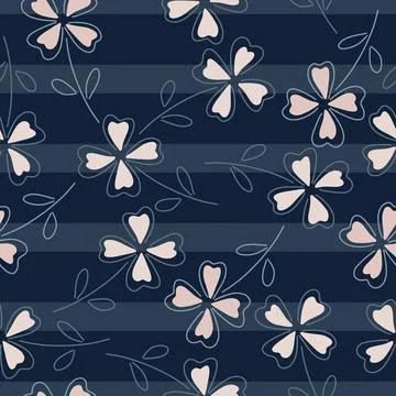 Abstract random four-leaf clover shapes seamless pattern. Navy blue striped b Illustrazione stock