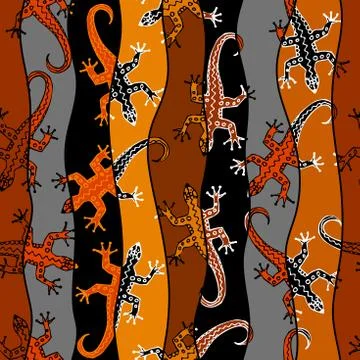 Abstract random pattern in a patchwork style with lizards. Brown tribal backg Illustrazione stock