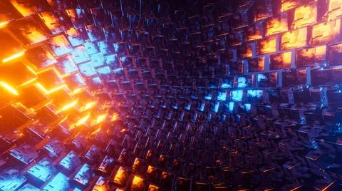 Abstract of random rotating metal cubes. 3D rendering illustration. Stock Illustration