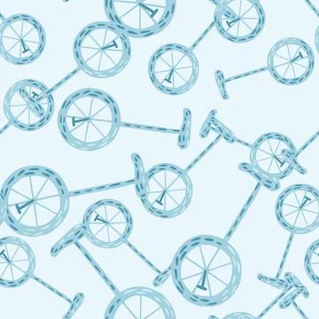 Abstract random seamless pattern with blue bicycle shapes. Pastel background. Stock Illustration