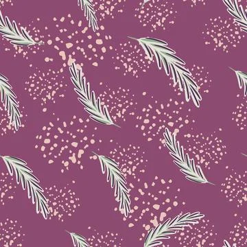 Abstract random seamless pattern with doodle feather elements. Purple backgro Stock Illustration