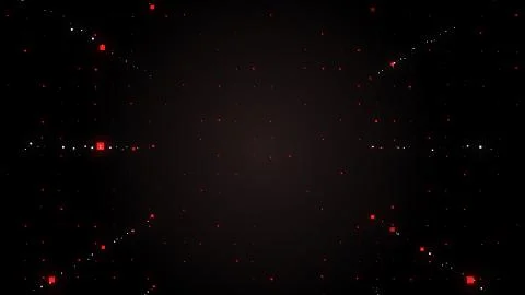 Abstract rays of bright tiny red squares on black going from the central sourse Stock Photos