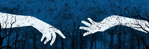 Abstract reaching hands with a dark rainy background. Stock Footage 264160787
