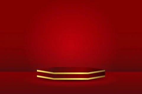 Abstract realistic 3D red hexagonal pedestal or podium. Dark red minimal sc.. Stock-Illustration