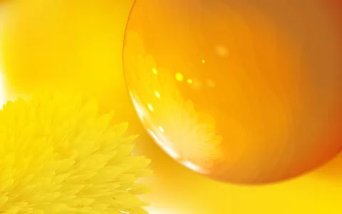 Abstract realistic background. Yellow flower is reflected in golden sphere Stock Illustration