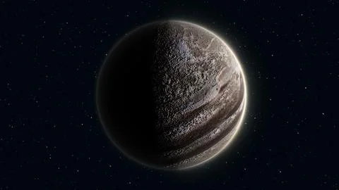 Abstract realistic space planet round sphere with a stone relief surface in.. Ilustração Stock
