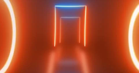 Abstract rectangular tunnel neon orange energy glowing from lines background Stock Photos