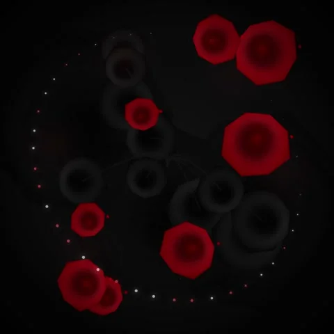 Abstract red and black glowing liquid spheres floating on dark background Stock Footage 345689885