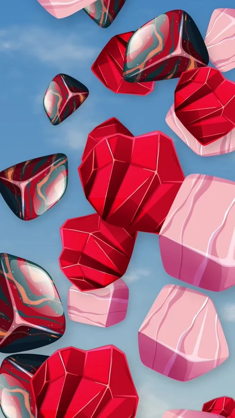 Abstract Red and Pink Geometric Objects Falling Through Blue Sky Stock Footage 342467735