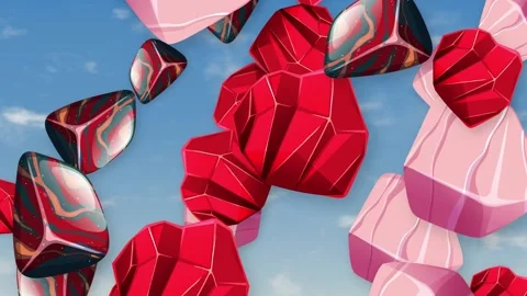 Abstract Red and Pink Geometric Objects Falling Through Blue Sky Stock Footage 344230966