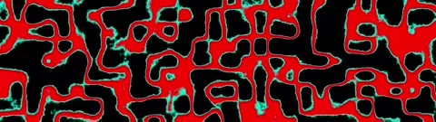 Abstract red and teal organic shapes form flowing maze pattern on black bac.. Stock Footage 340455801