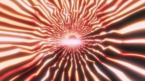 Abstract red and white neon tunnel with jagged glowing lines converging tow.. Stock Illustration