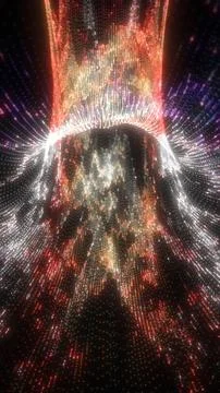 Abstract red and white particle fountain erupting from a glowing core, futu.. Illustrazione stock