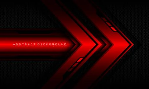 Abstract red arrow black cyber geometric line banner on black hexagon mesh Stock Illustration