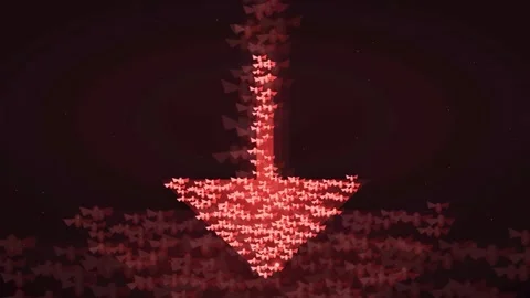 Abstract red arrow formed by many small particles moving downwards on dark Stock Footage 343427386
