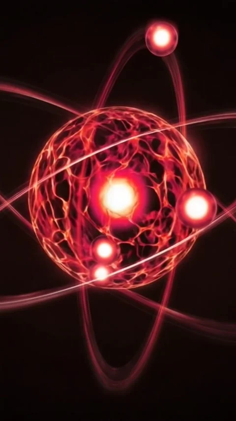 Abstract red atomic model with orbital paths against black background Stock Footage 318948499