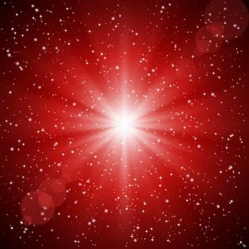 Abstract red background of luminous rays and stars. Stock Illustration
