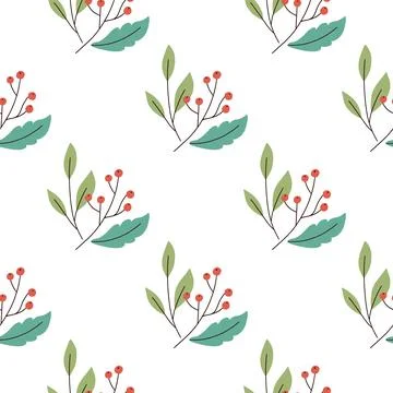 Abstract red berry elements with green leaves seamless pattern. Isolated whit Illustrazione stock