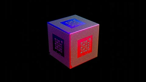 Abstract red blue technology cube with CPU texture on edges rotates on black bac Stock Footage 311359302