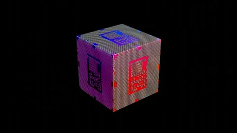 Abstract red blue technology cube with CPU texture on edges rotates on black bac Stock Footage 311359305